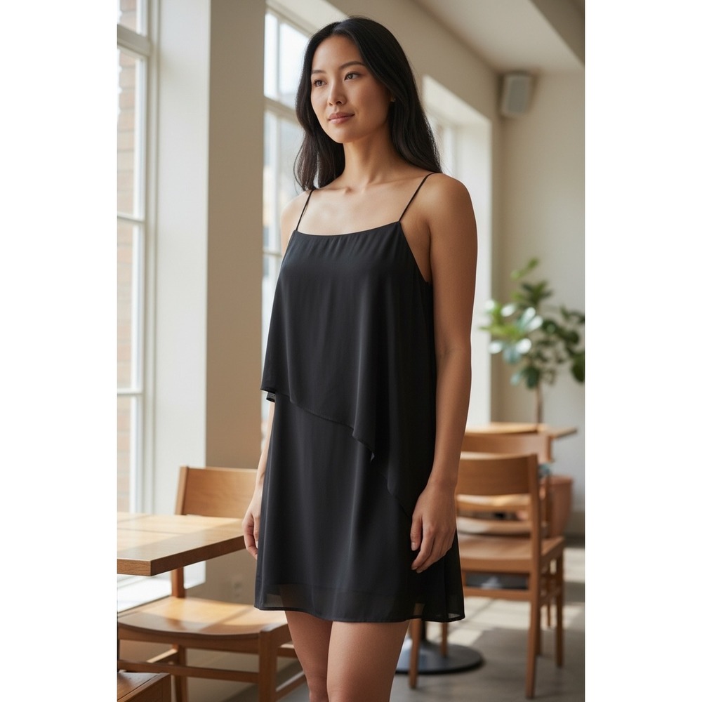 Forty Four‎ Fifty Black Leather Spaghetti Strap Ruffle Top Dress Women's LG  NEw